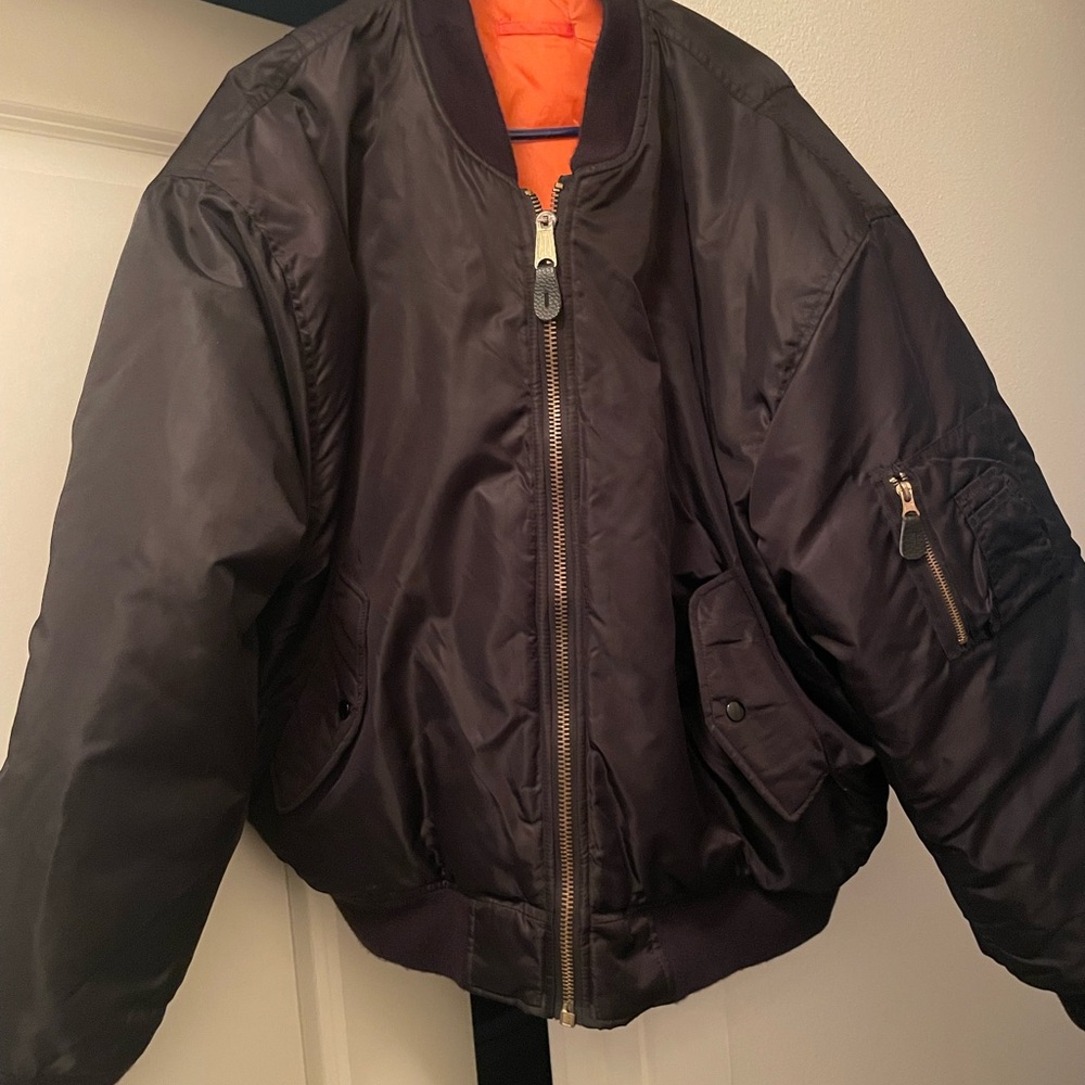 Men's Classic Black Bomber Jacket with Orange Lining